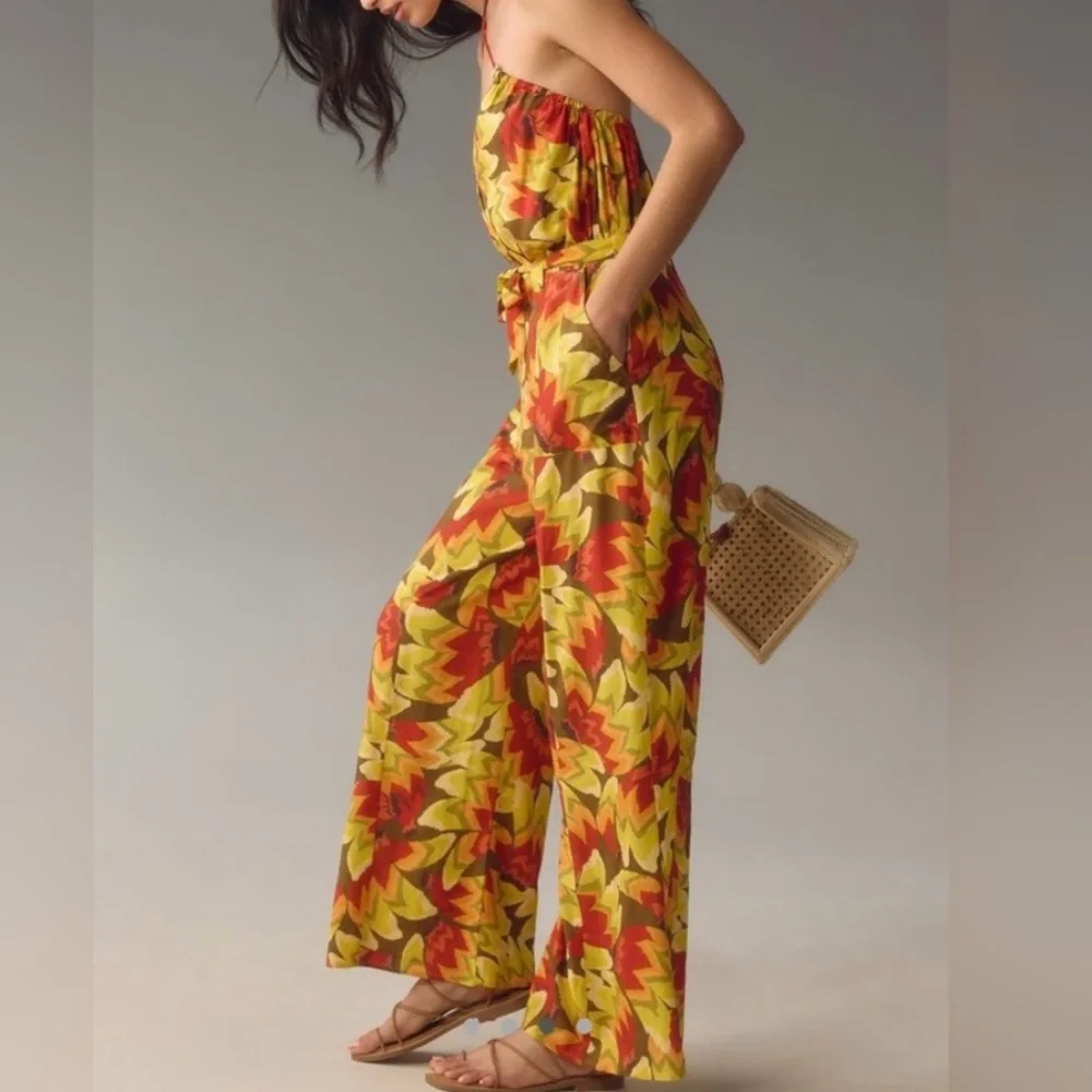 NWT FARM Rio Yellow/Red Multicolor Halter Leaf Boho Jumpsuit, Size XL - Picture 3 of 10